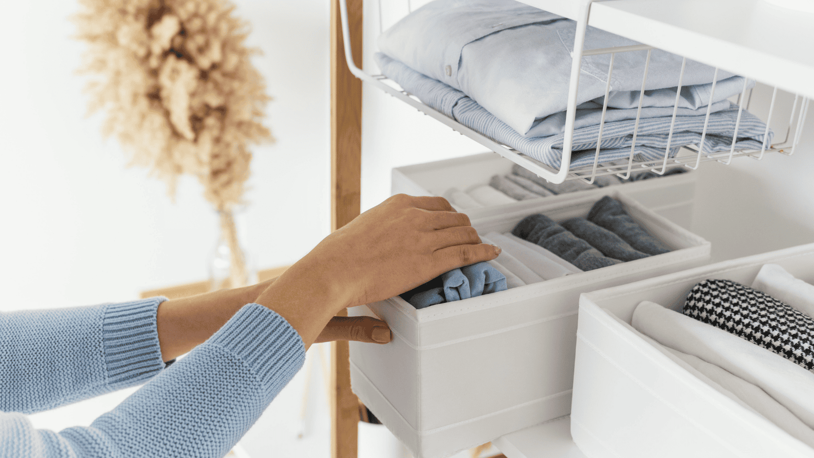 organizing clothes in baskets